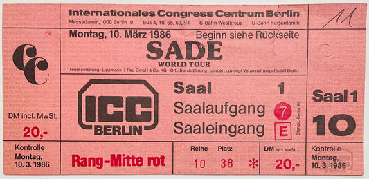 Sade Original Used Concert Ticket Internationales Congress Centrum Berlin 10th Mar 1986