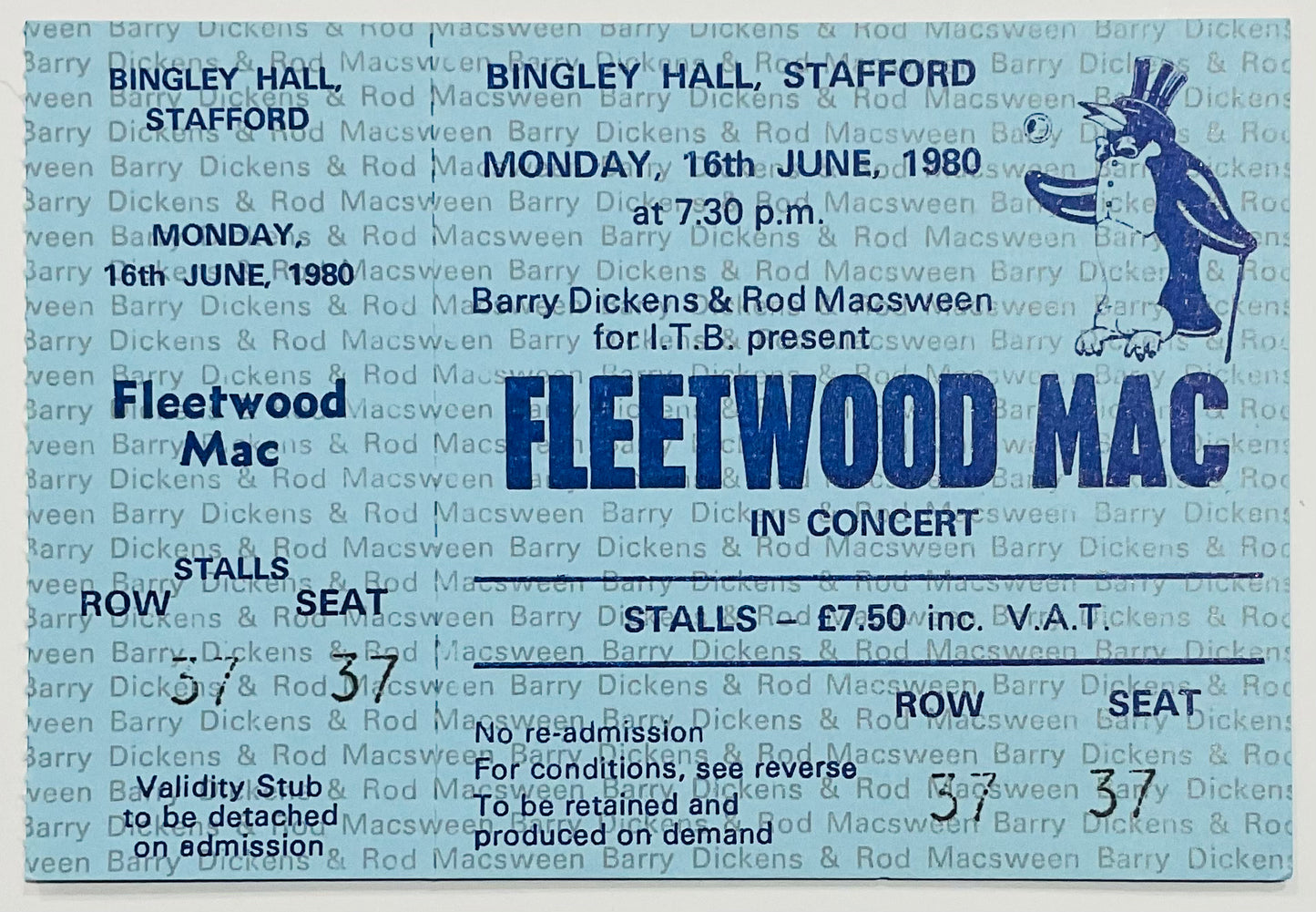 Fleetwood Mac Original Unused Concert Ticket Bingley Hall Stafford 16th Jun 1980