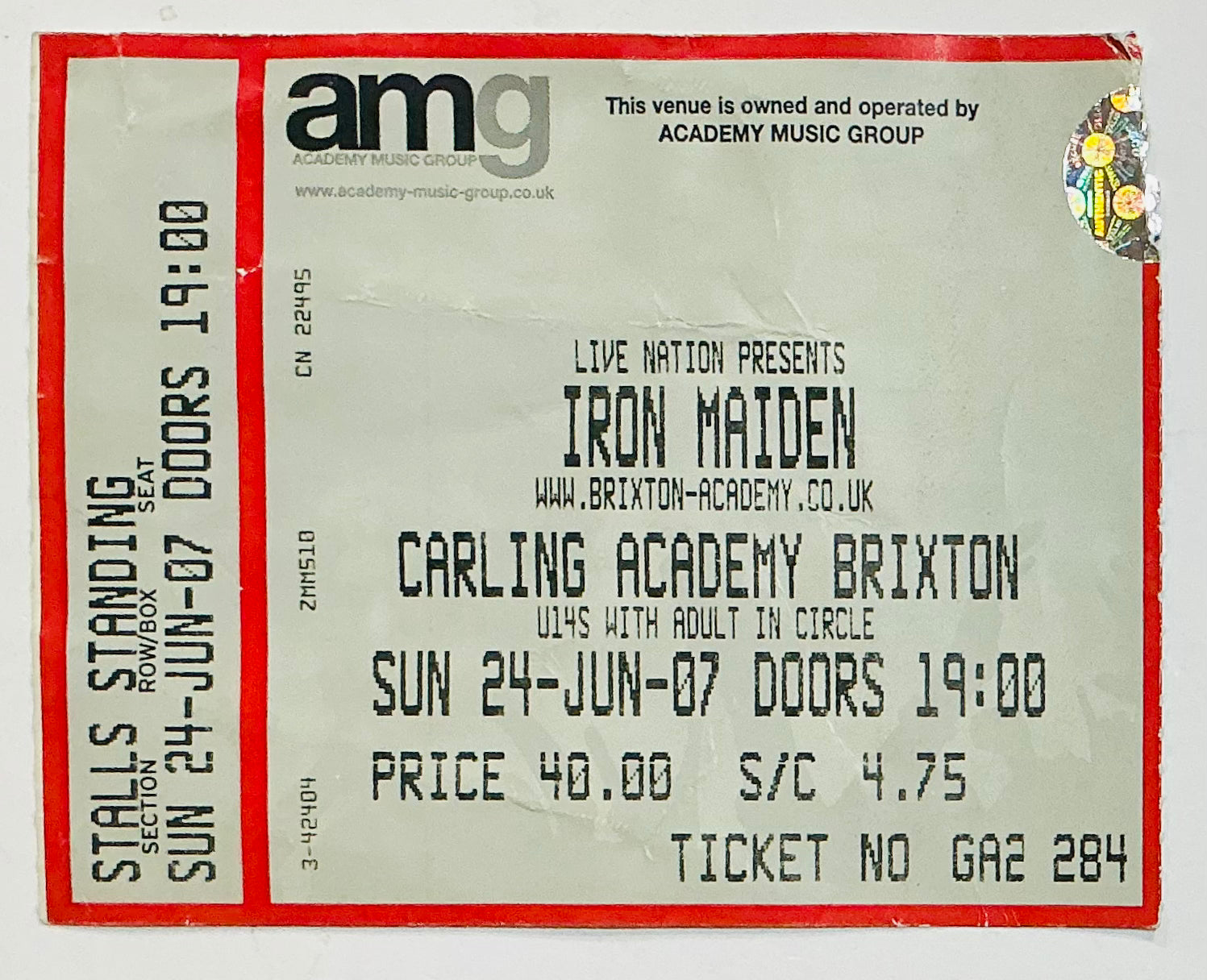 Iron Maiden Original Used Concert Ticket Brixton Academy London 24th Jun 2007