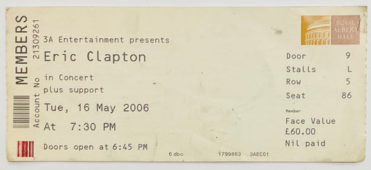 Eric Clapton Original Used Concert Ticket Royal Albert Hall London 16th May 2006