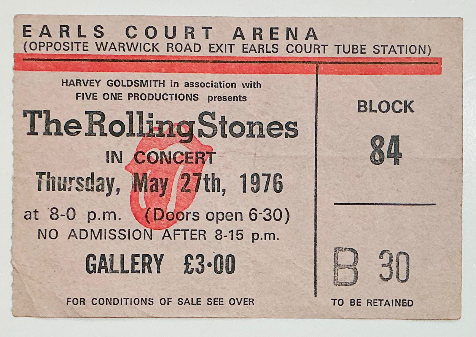 Rolling Stones Original Used Concert Ticket Earl’s Court London 27th May 1976