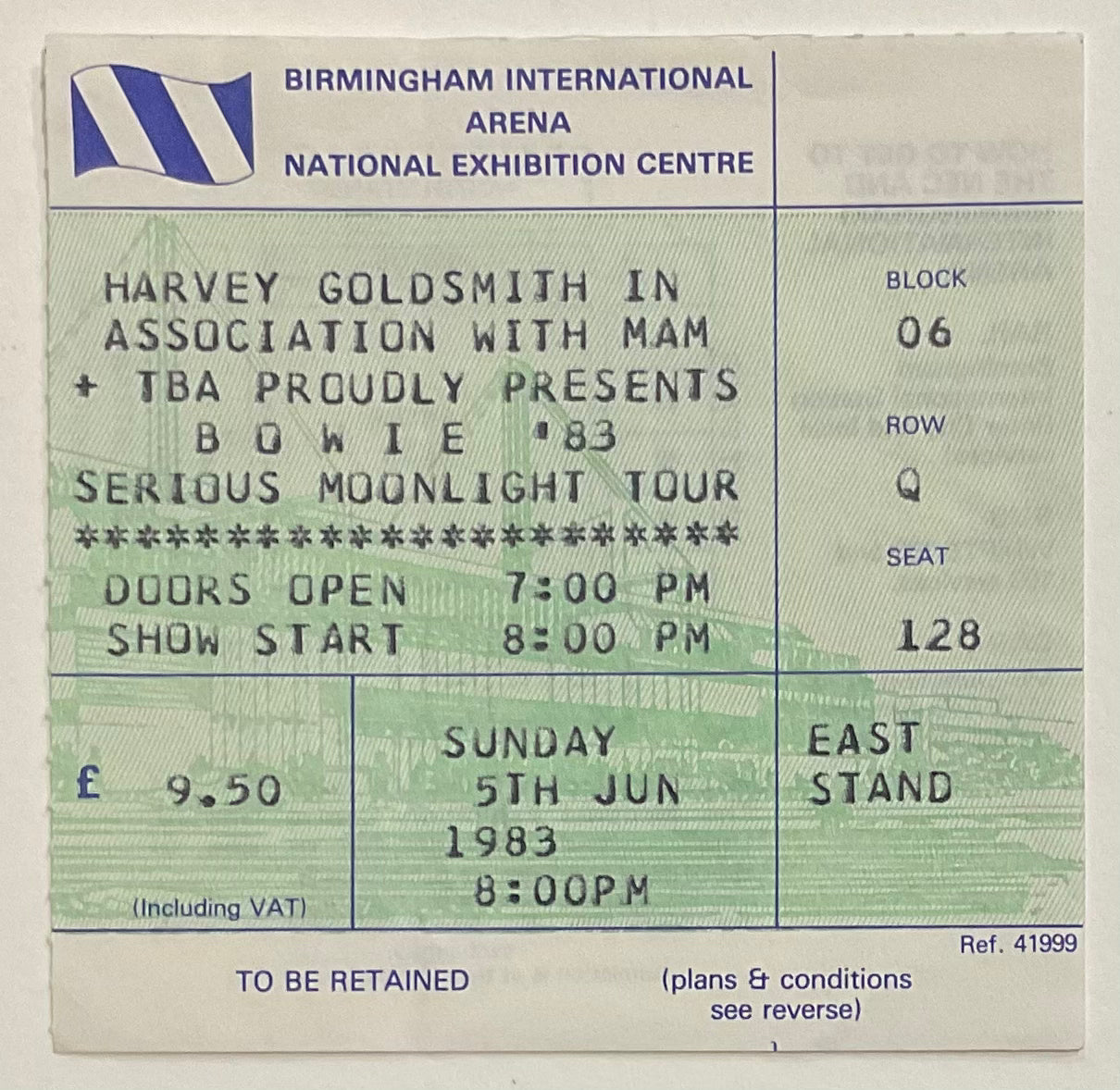 David Bowie Original Used Concert Ticket NEC Birmingham 5th Jun 1983