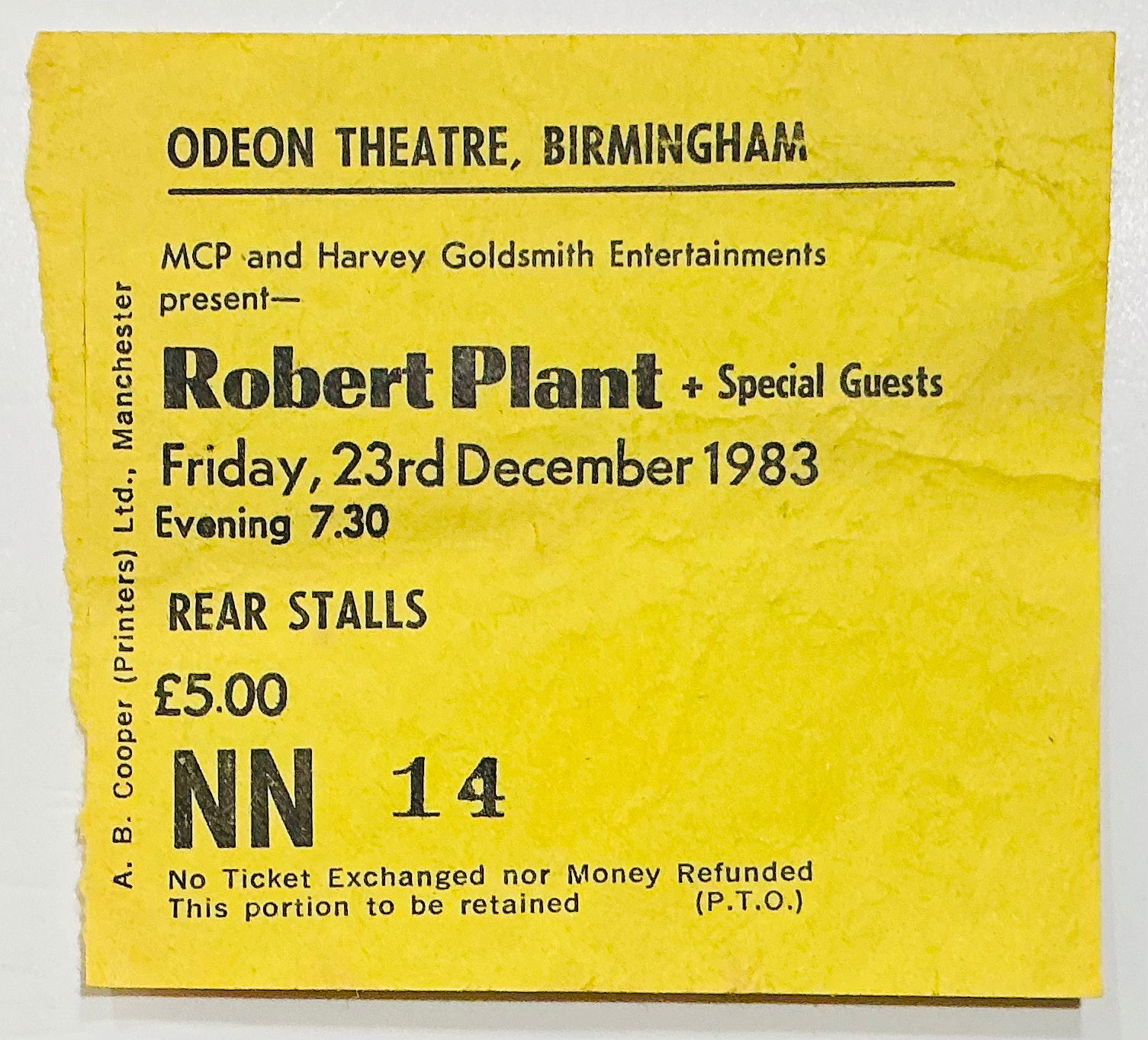 Led Zeppelin Robert Plant Original Used Concert Ticket Odeon Theatre Birmingham 23rd Dec 1983