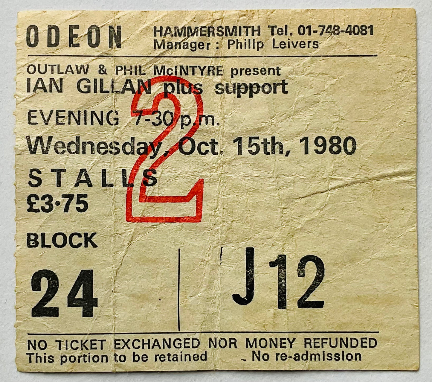Ian Gillan Original Used Concert Ticket Odeon Hammersmith London 15th Oct 1980