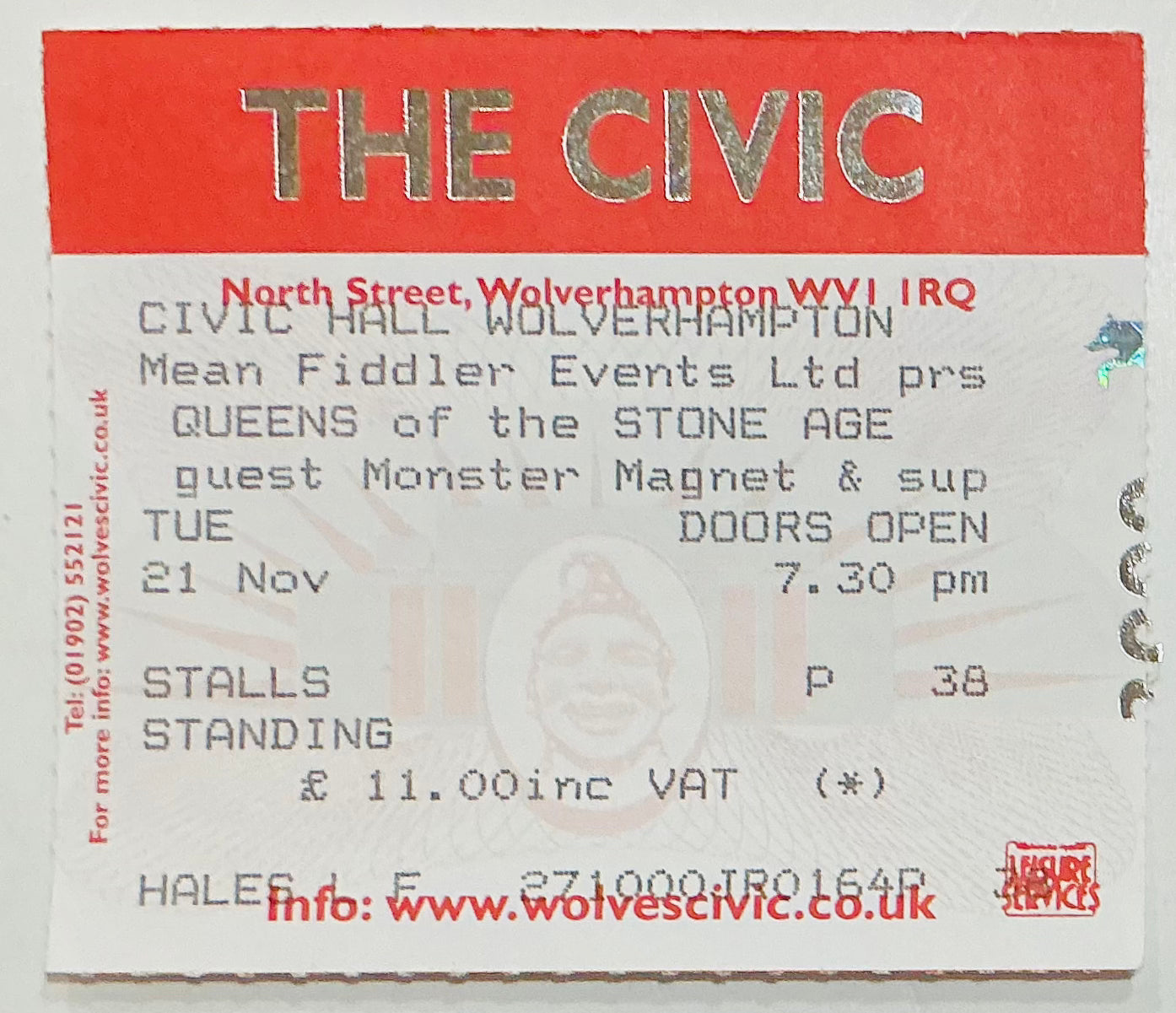 Queens of the Stone Age Original used Concert Ticket Civic Hall Manchester 21st Nov 2000