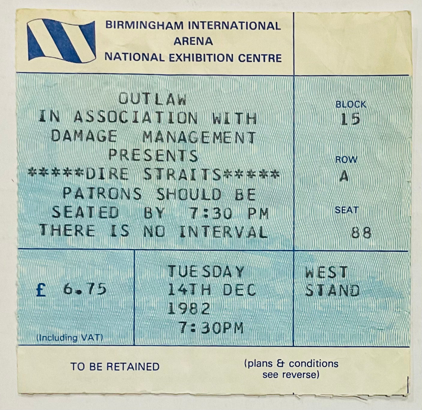 Dire Straits Original Used Concert Ticket NEC Birmingham 14th Dec 1982