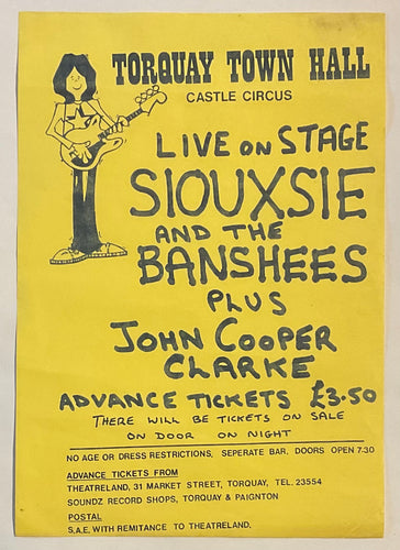 Siouxsie & the Banshees John Cooper Clarke Original Concert Handbill Flyer Town Hall Torquay 29th Jul 1981