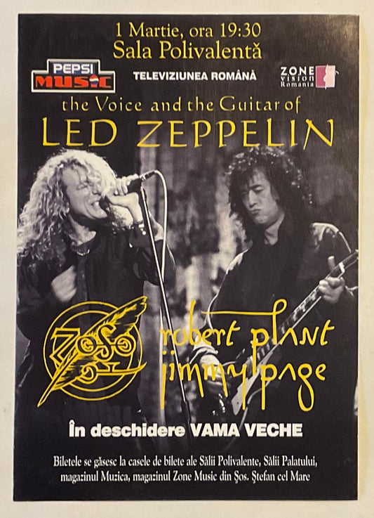 Led Zeppelin Robert Plant Jimmy Page Original Concert Handbill Flyer Sala Polivalenta Bucharest 1st Mar 1998