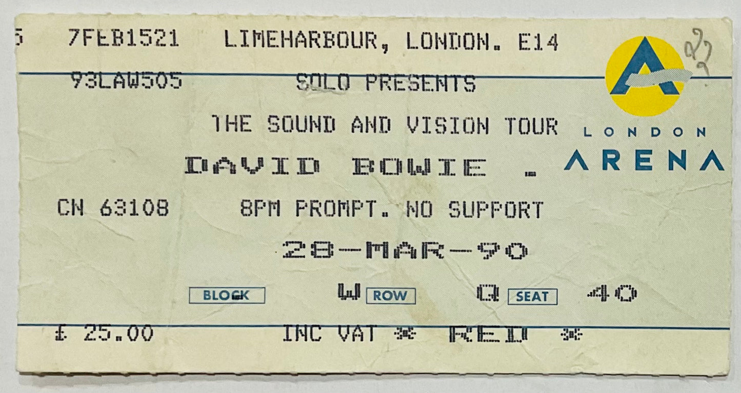 David Bowie Original Used Concert Ticket London Arena 28th March 1990