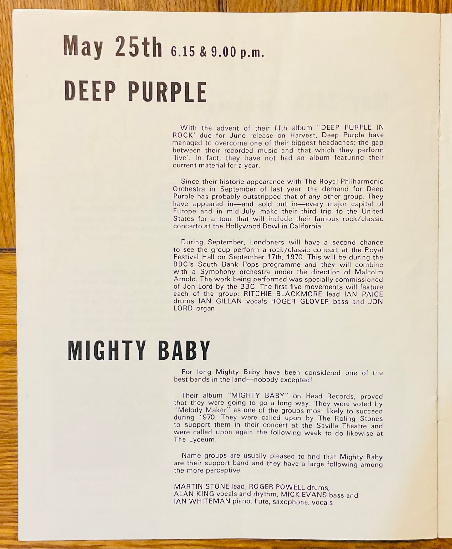 Deep Purple Soft Machine Original Concert Programme Queen Elizabeth Hall London May 1970