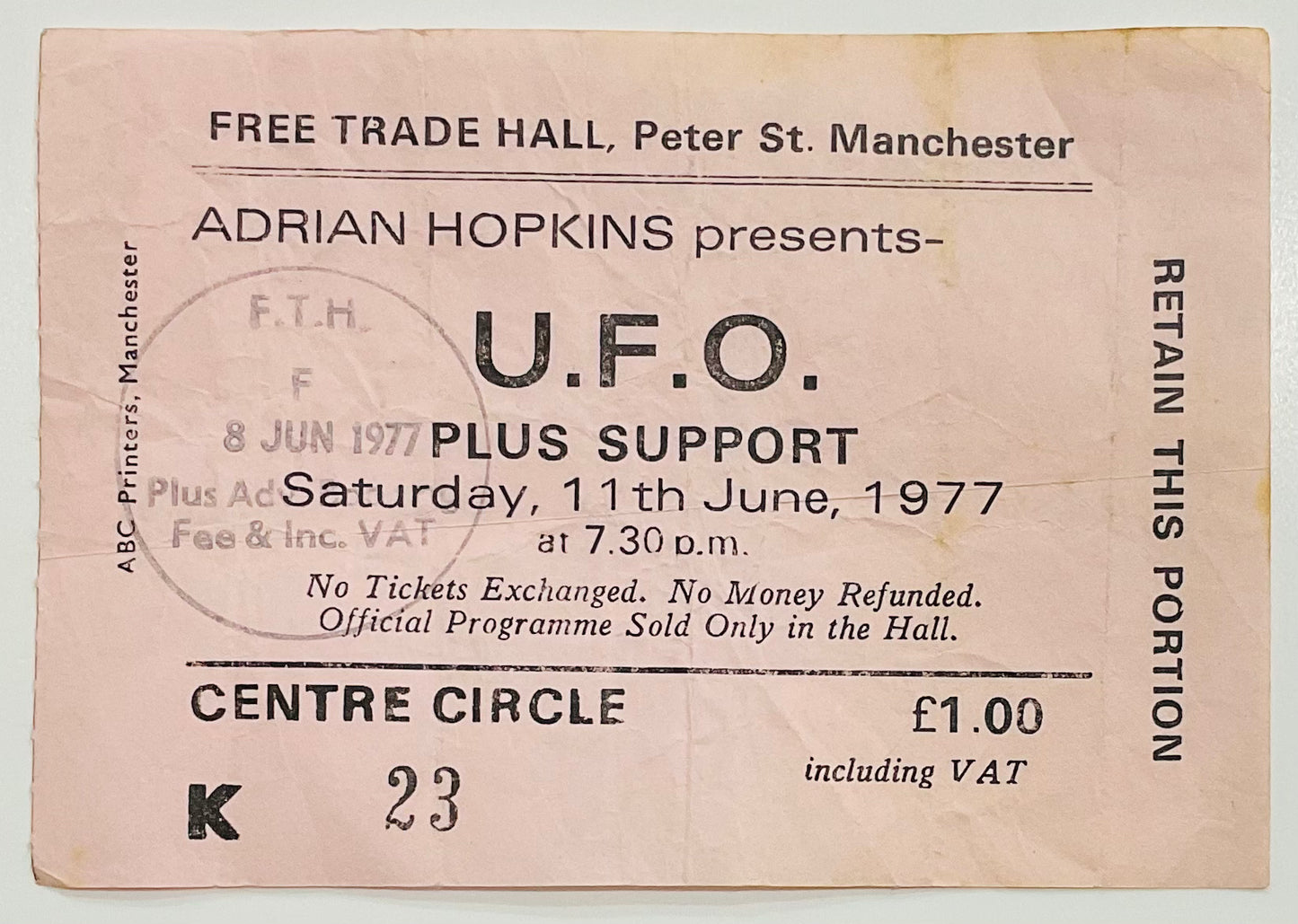 UFO U.F.O. Original Used Concert Ticket Free Trade Hall Manchester 11th Jun 1977