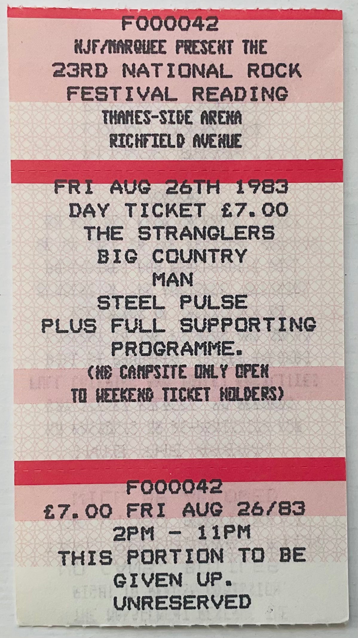 Stranglers Big Country Unused Concert Ticket 23rd National Rock Festival Reading 26th Aug 1983