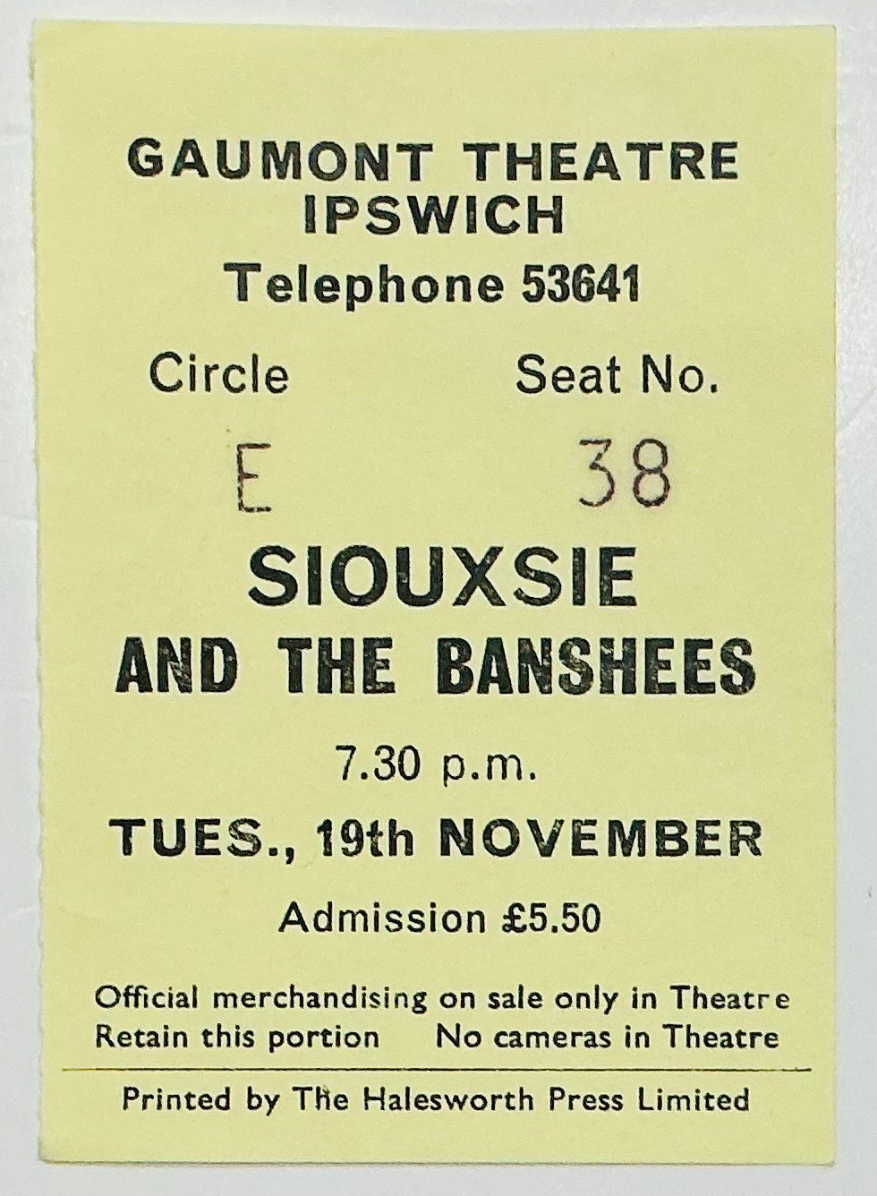 Siouxsie & the Banshees Original Used Concert Ticket Gaumont Theatre Ipswich 19th Nov 1985