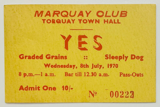 Yes Original Complete Concert Ticket Marquay Club Town Hall Torquay 8th July 1970