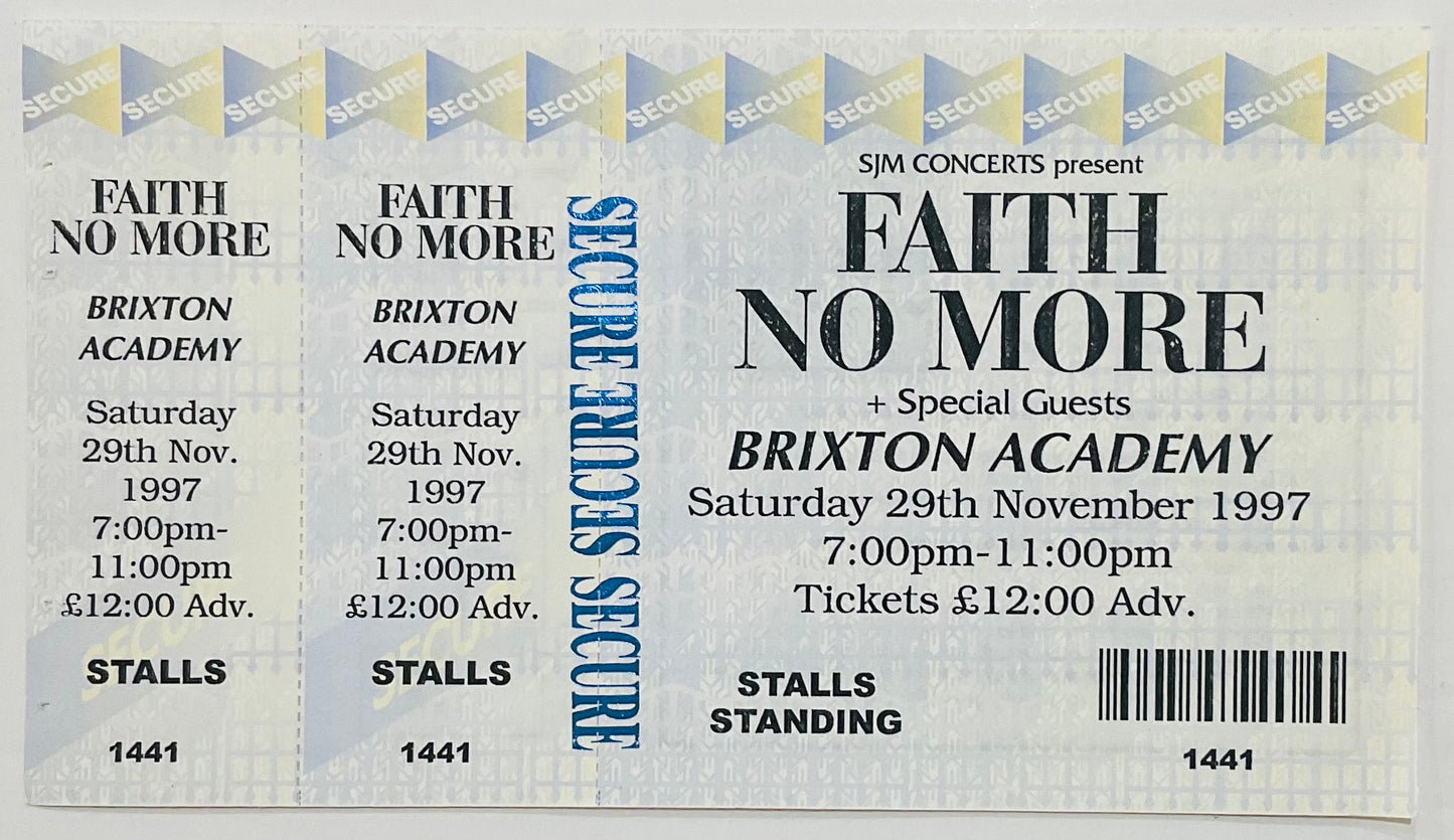 Faith No More Original Unused Concert Ticket Brixton Academy London 29th Nov 1997