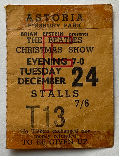 Beatles Original Used Concert Ticket Astoria Finsbury Park London 24th Dec 1963