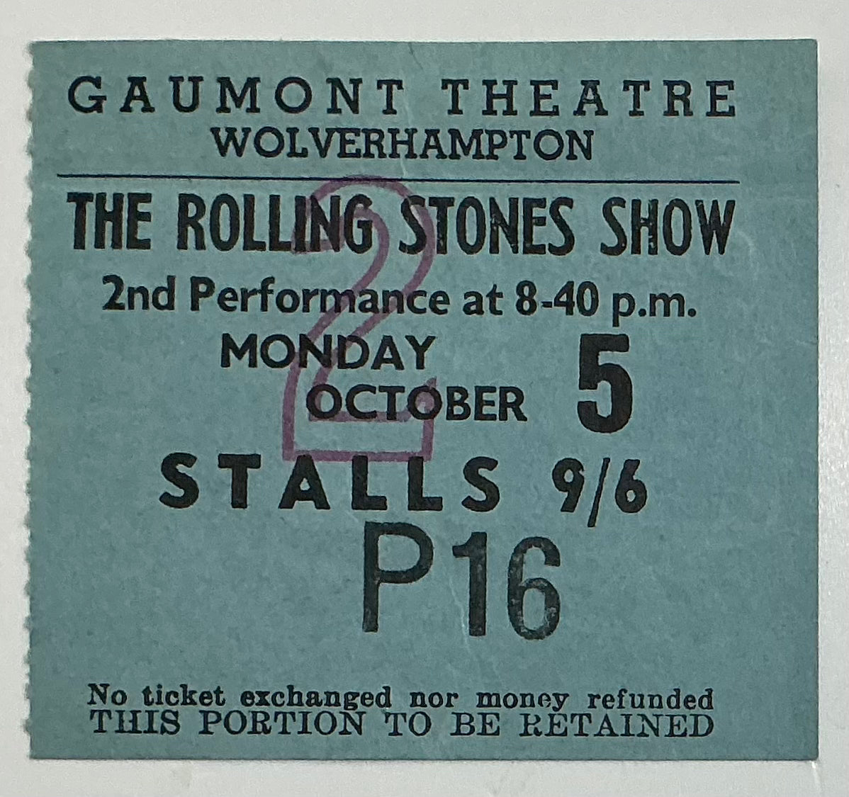 Rolling Stones Original Used Concert Ticket Gaumont Theatre Wolverhampton 5th Oct 1964