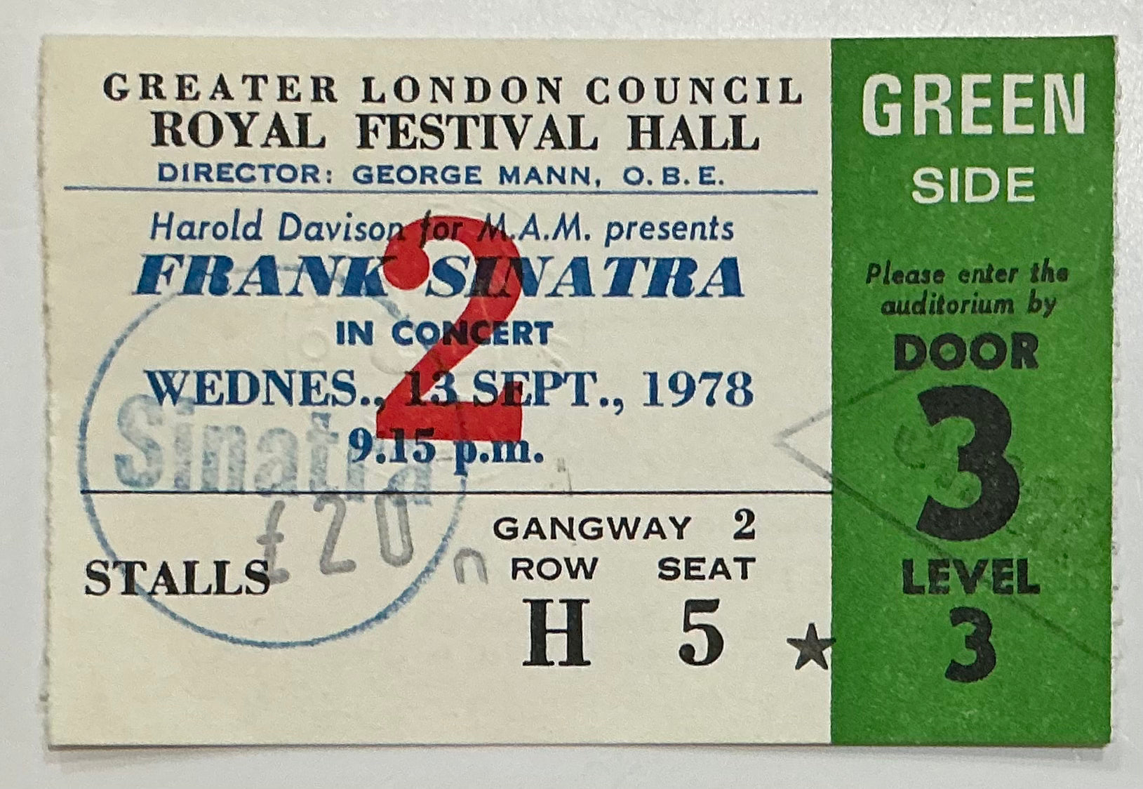 Frank Sinatra Original Used Concert Ticket Royal Festival Hall London 13th Sept 1978