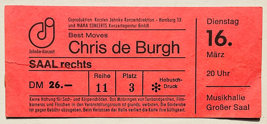 Chris De Burgh Original Used Concert Ticket Musikhalle Hamburg 16th Mar 1982