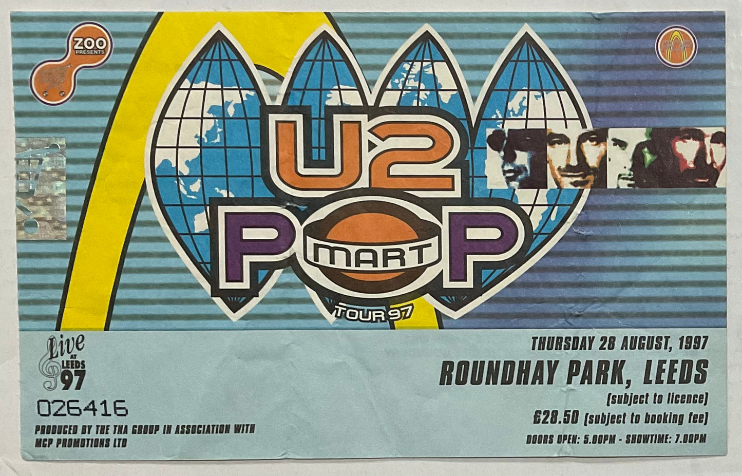 U2 Original Used Concert Ticket Roundhay Park Leeds 28th Aug 1997