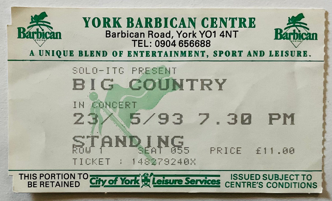 Big Country Original Used Concert Ticket Barbican Centre York 23rd May 1993