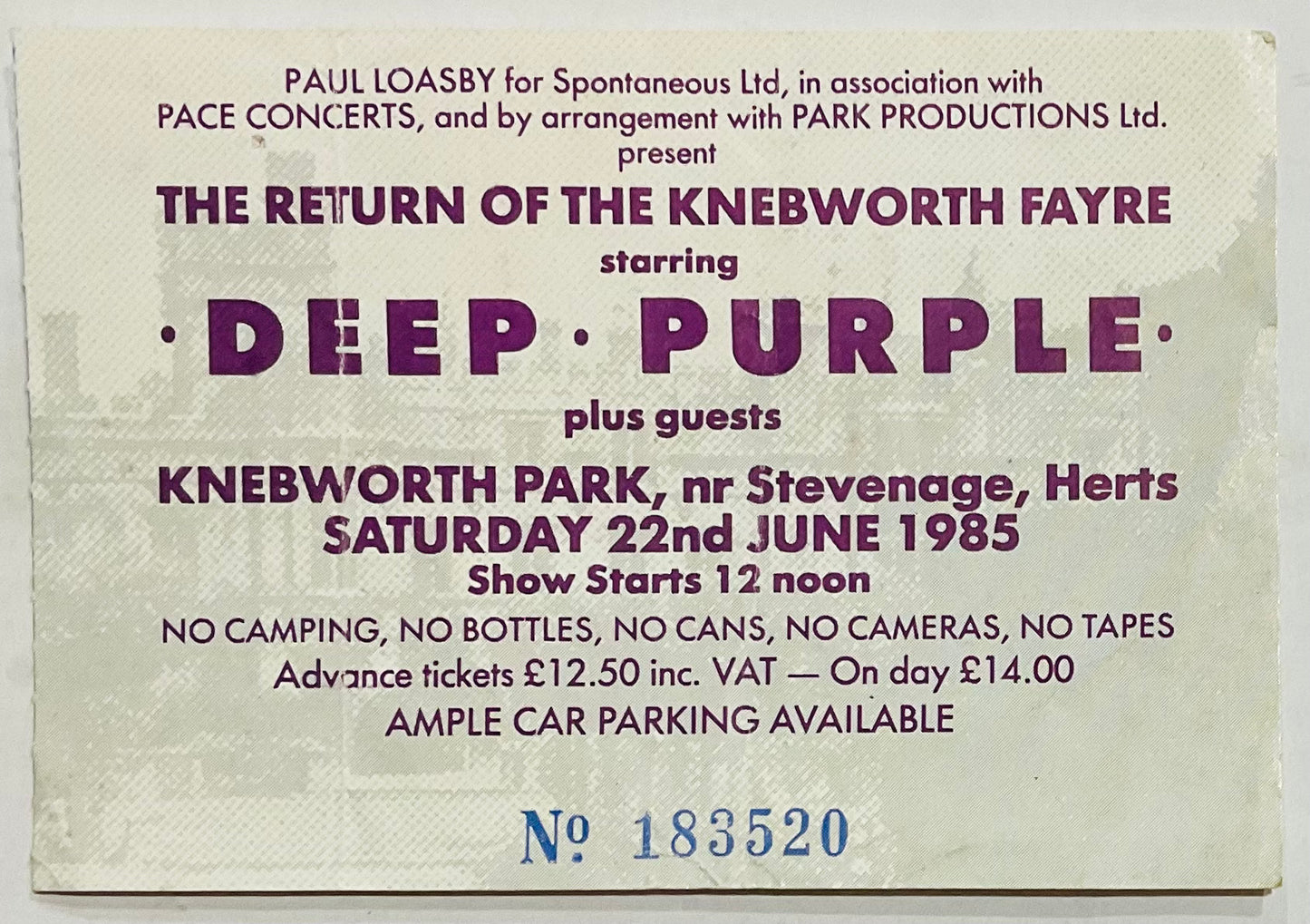 Deep Purple Original Used Concert Ticket Knebworth Park 22nd Jun 1985