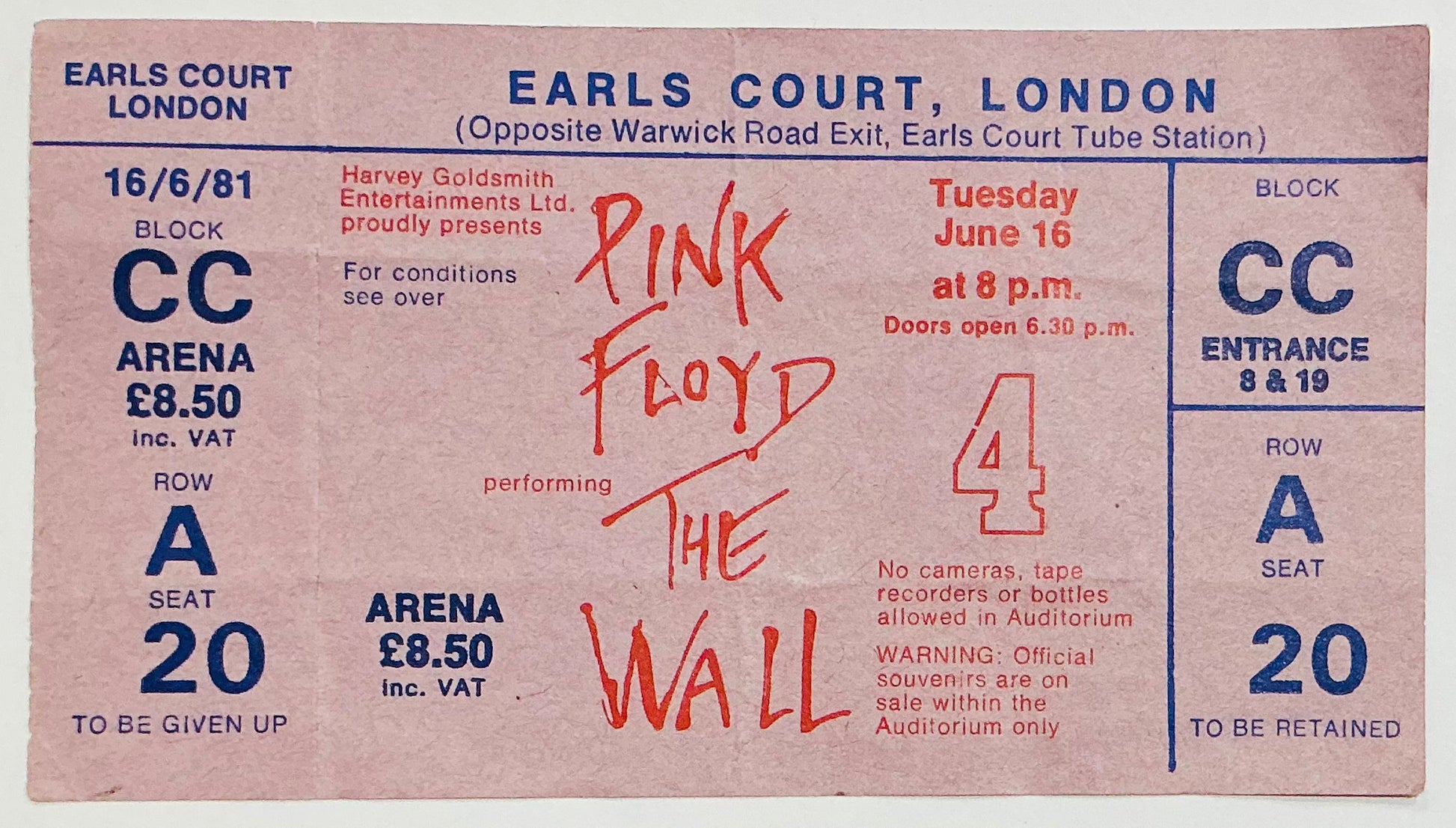 Pink Floyd Original Unused Concert Ticket Earls Court London 16th Jun 1981