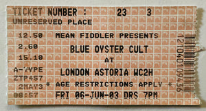 Blue Oyster Cult Original Used Concert Ticket London Astoria 6th Jun 2003