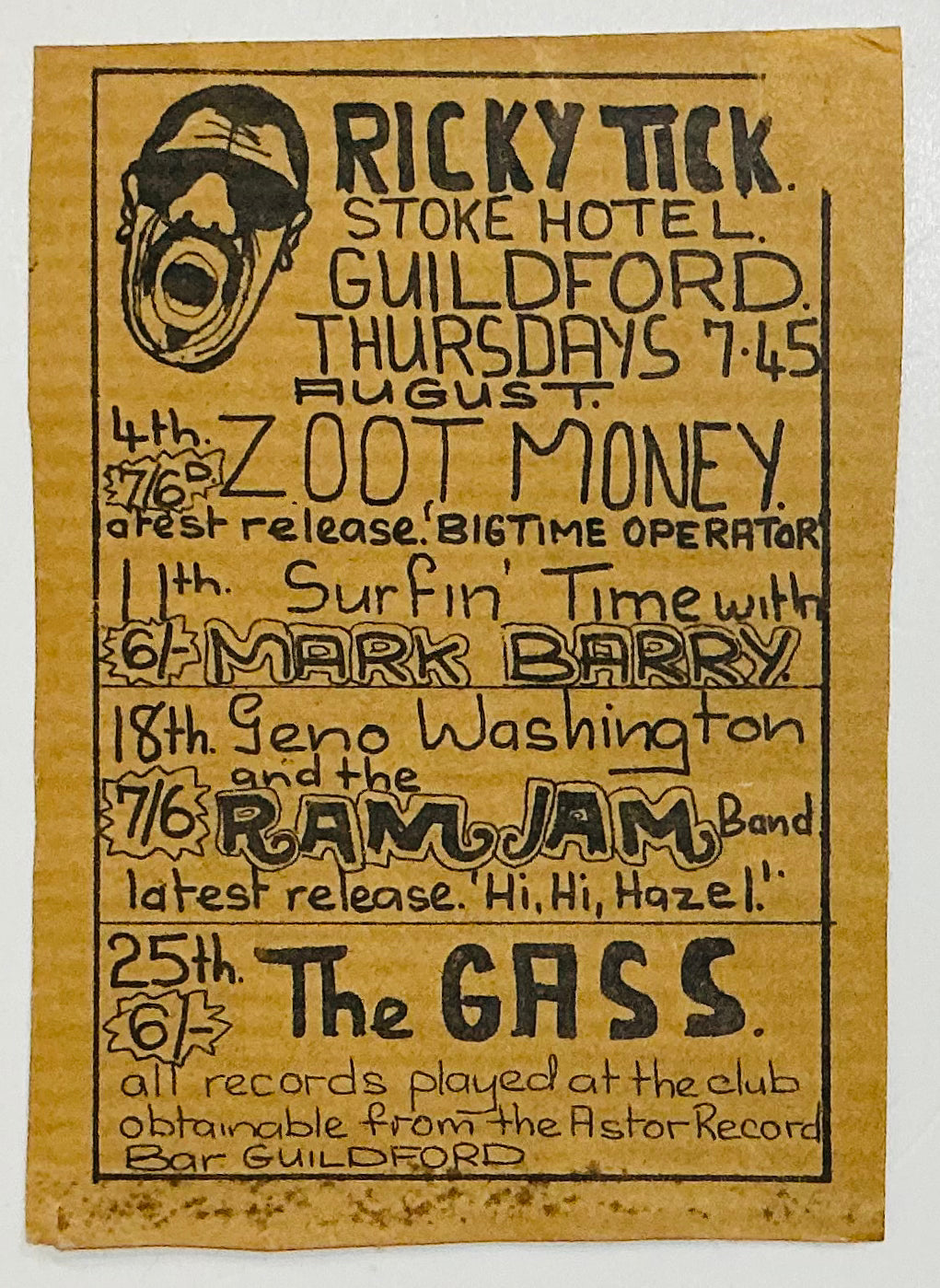 Zoot Money Geno Washington Original Uncut Concert Handbill Flyer Ricky Tick Club Guildford 1966