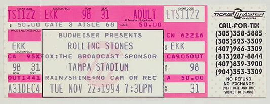 Rolling Stones Original Unused NMint Concert Ticket Tampa Stadium 22nd Nov 1994