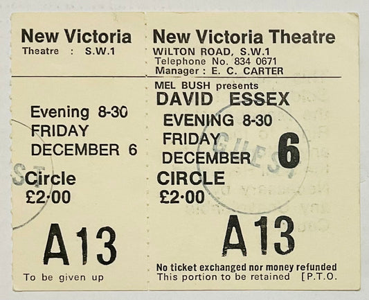 David Essex Original Unused Concert Ticket New Victoria Theatre London 6th Dec 1974