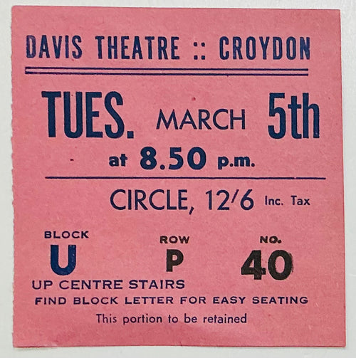 Bill Haley Original Used Concert Ticket Davis Theatre Croydon 5th Mar 1957