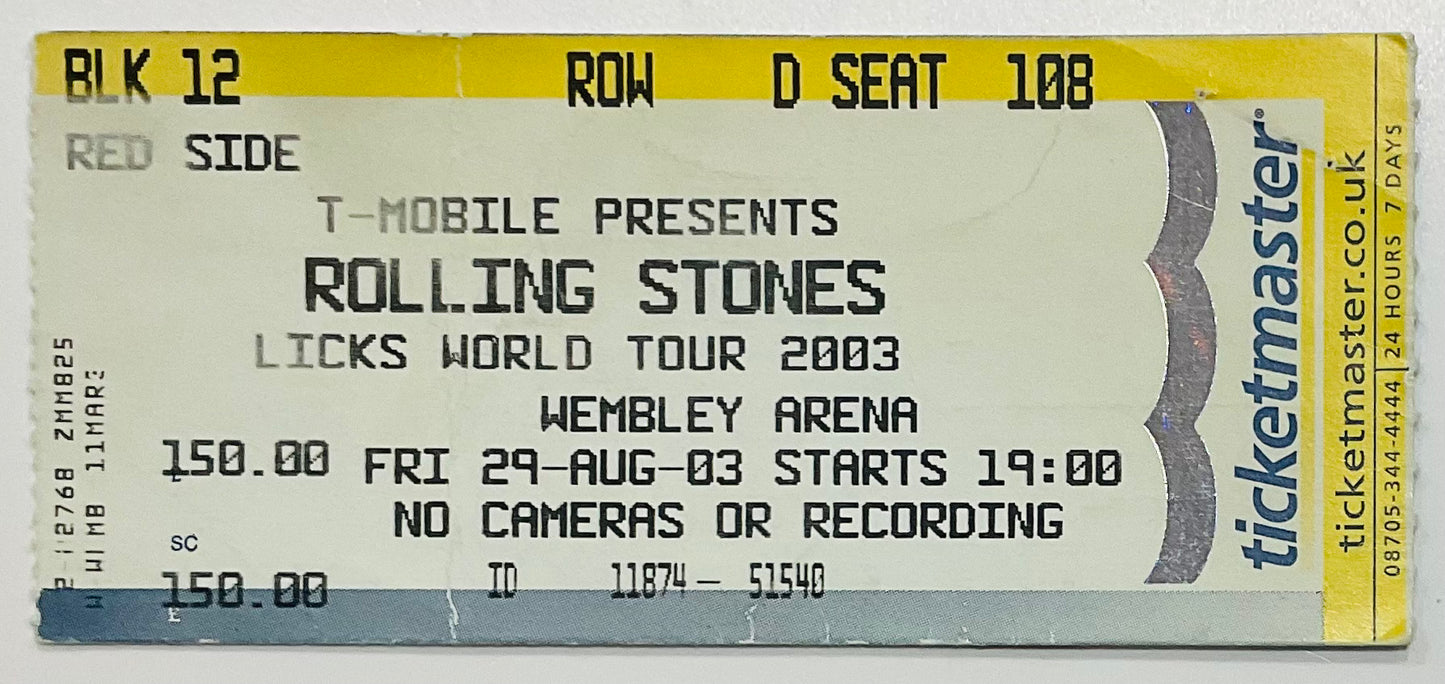 Rolling Stones Original Used Concert Ticket Wembley Arena London 29th Aug 2003