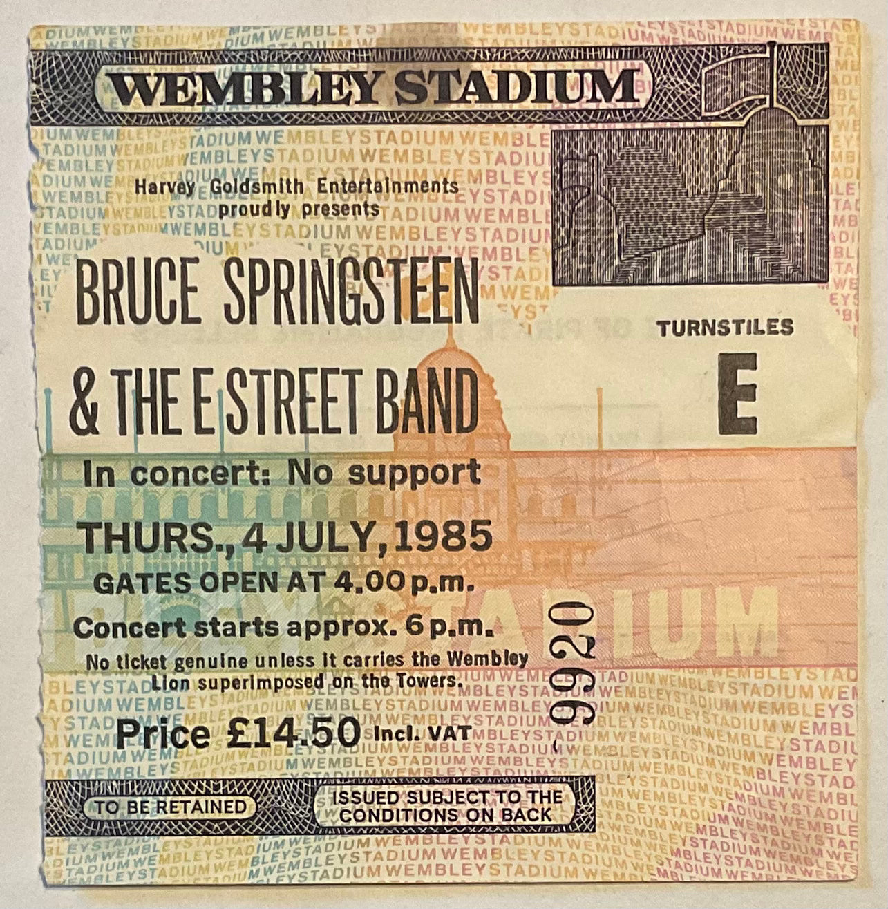 Bruce Springsteen Original Used Concert Ticket Wembley Stadium London 4th Jul 1985