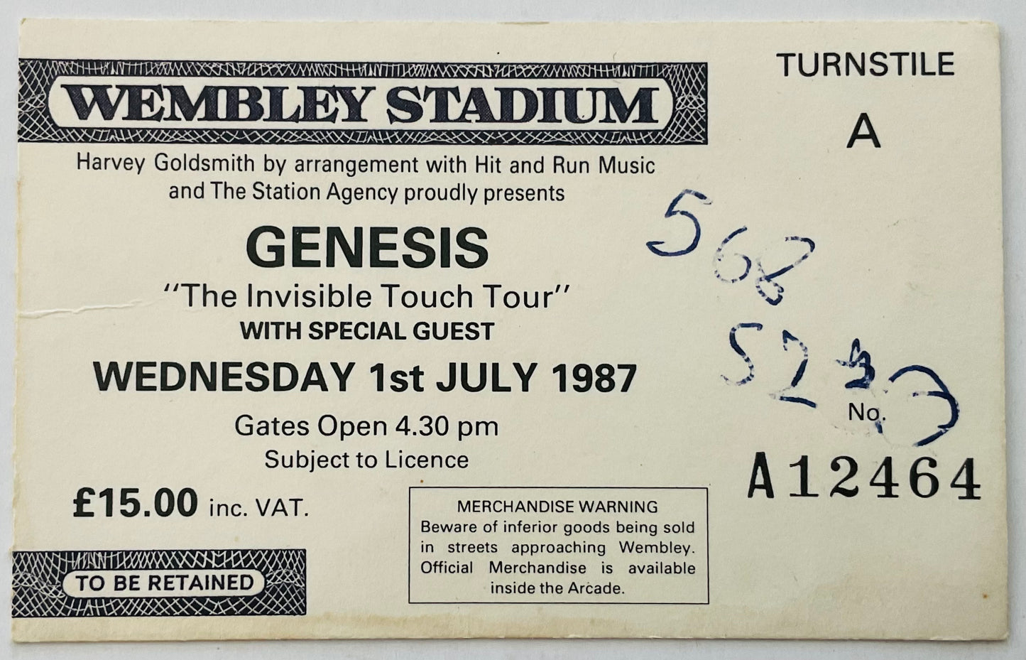Genesis Original Used Concert Ticket Wembley Stadium London 1st July 1987