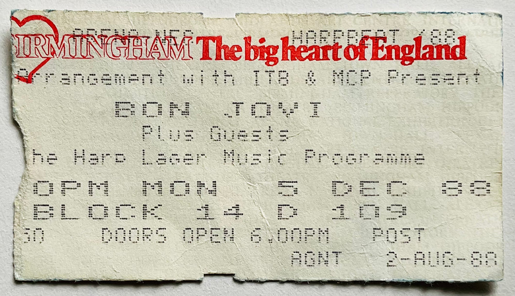 Bon Jovi Original Used Concert Ticket NEC Arena Birmingham 5th Dec 1988
