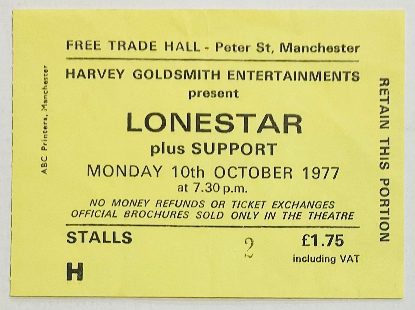 Lonestar Original Used Concert Ticket Free Trade Hall Manchester 10th Oct 1977