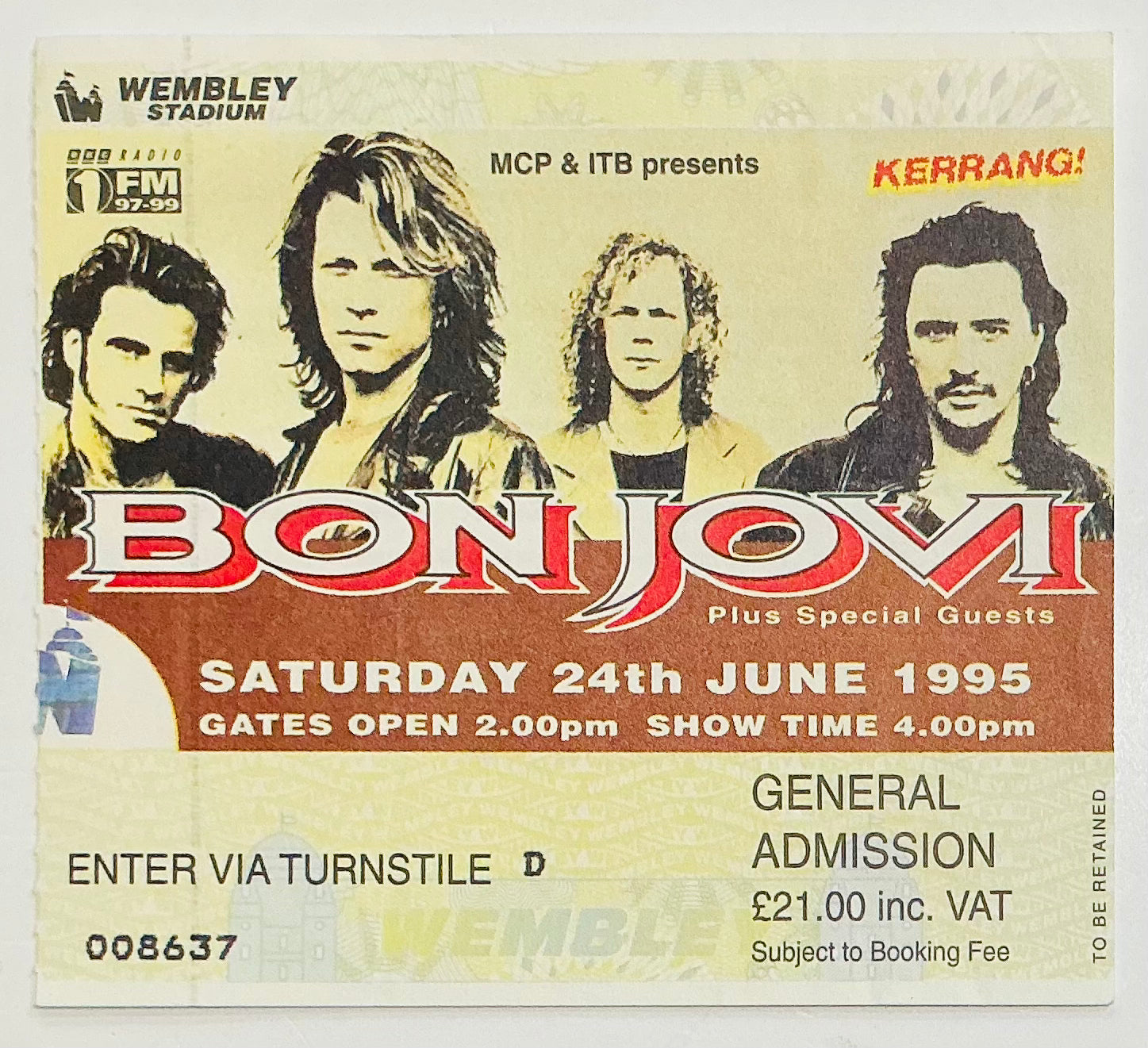 Bon Jovi Original Used Concert Ticket Wembley Stadium London 24th June 1995