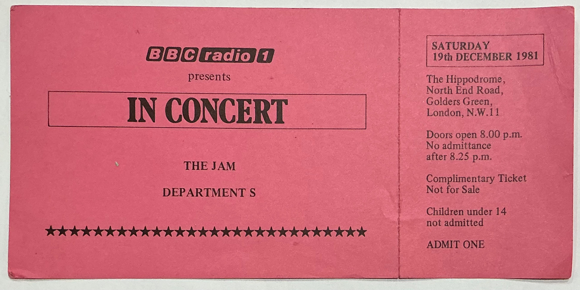 Jam Paul Weller Original Unused Concert Ticket Hippodrome London 19th Dec 1981