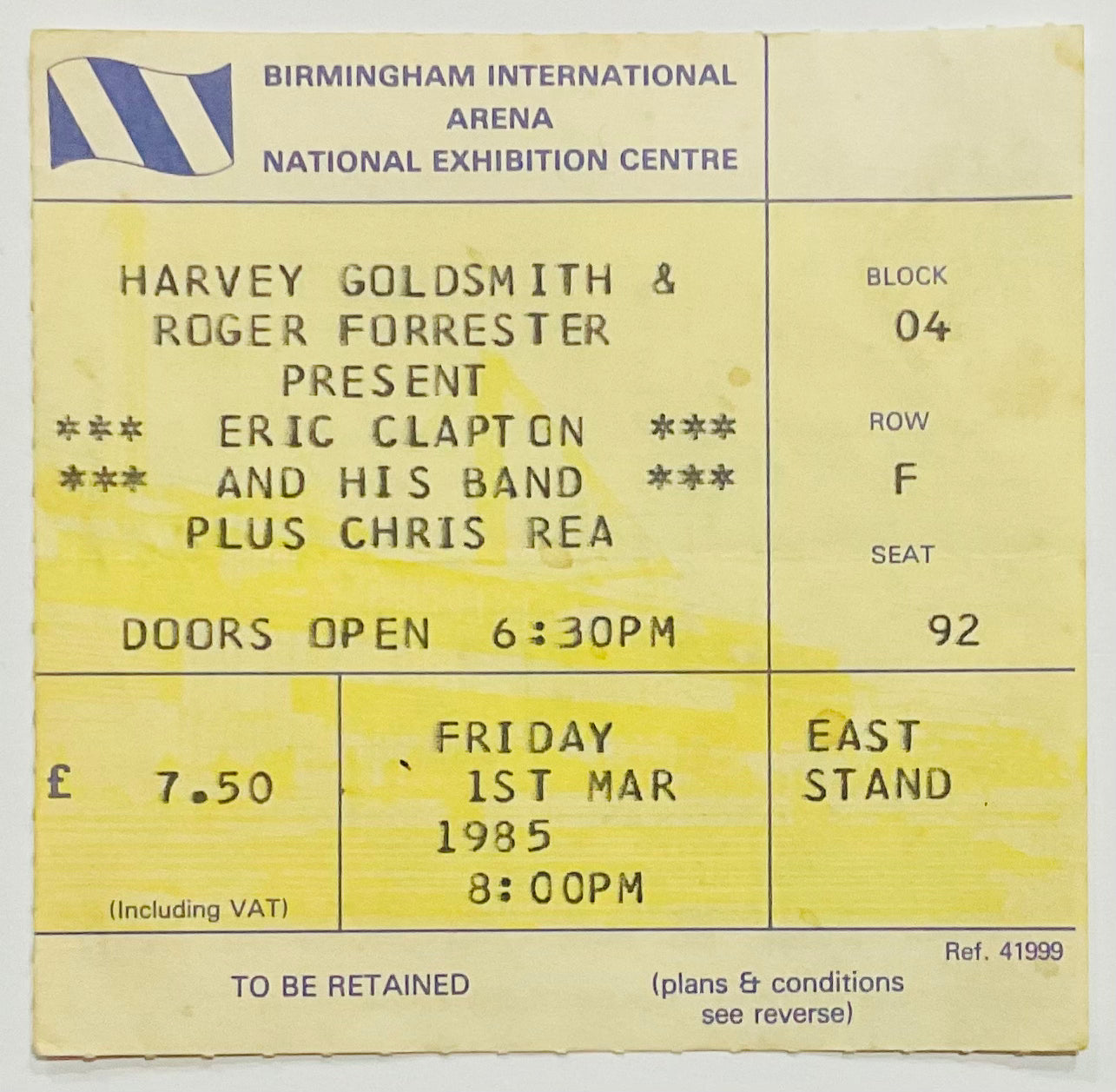 Eric Clapton Original Used Concert Ticket NEC Birmingham 1st Mar 1985