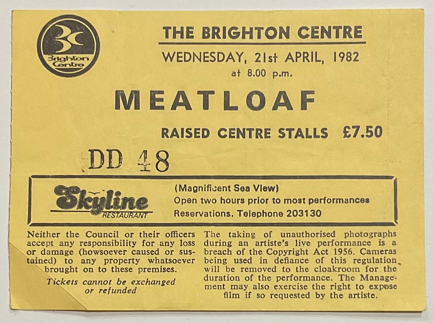 Meat Loaf Original Used Concert Ticket Brighton Centre 21st Apr 1982