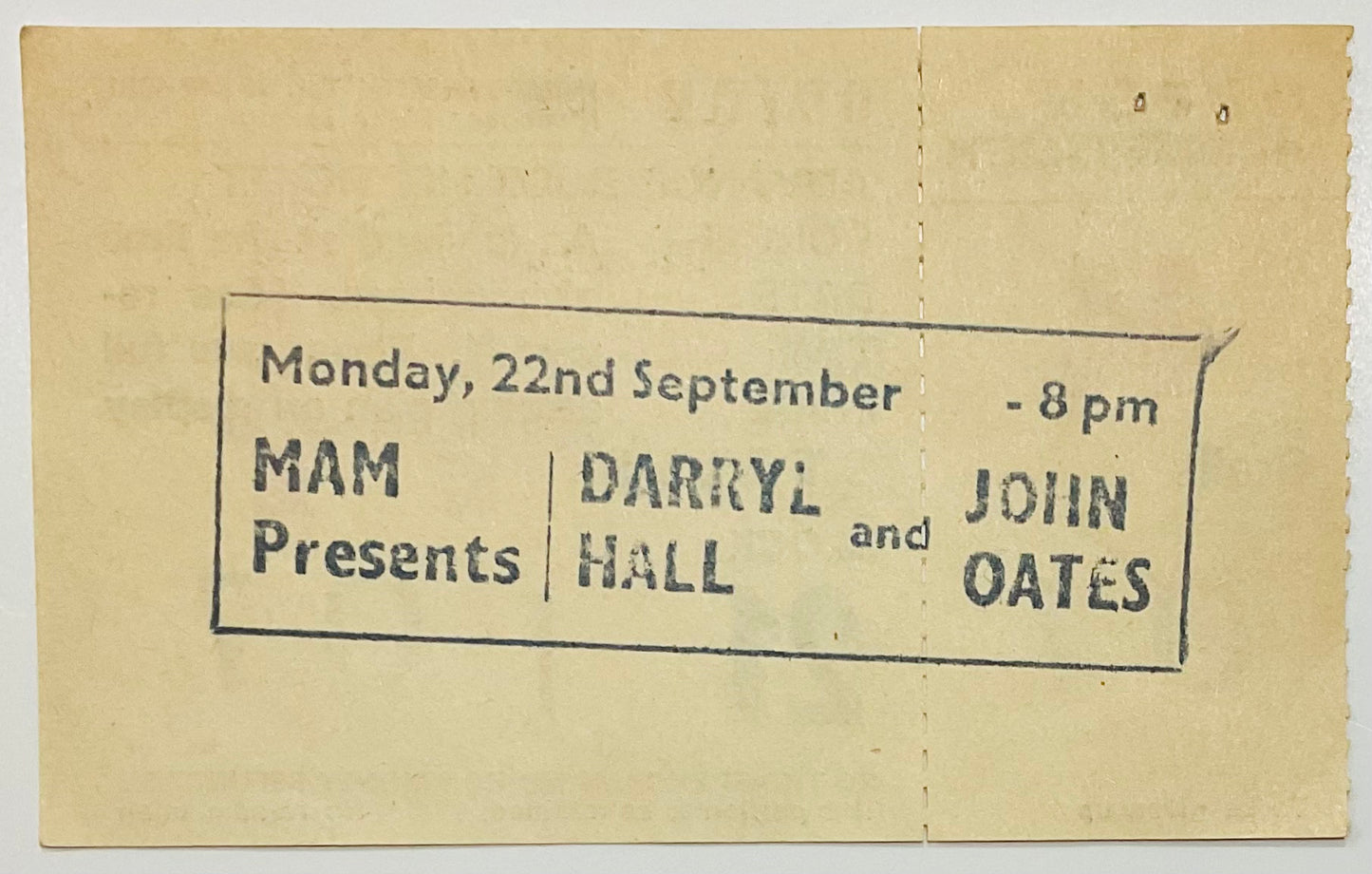 Darryl Hall John Oates Original Unused Concert Ticket Hammersmith Odeon London 22nd Sep 1980