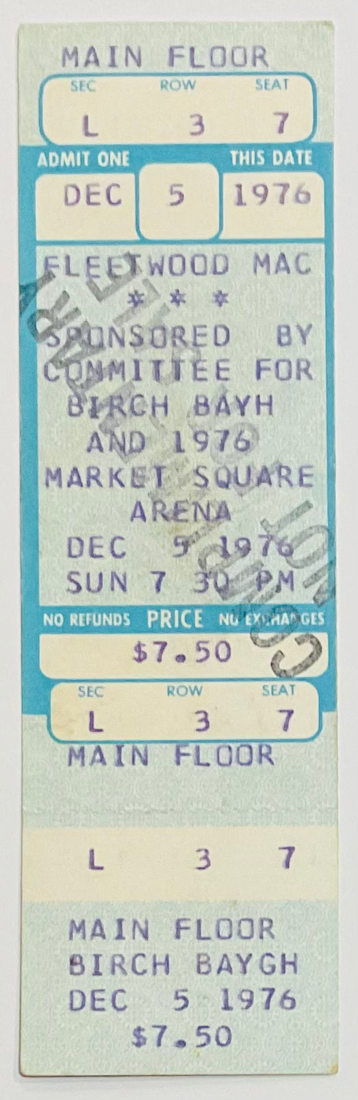 Fleetwood MAC Original Unused Concert Ticket Market Square Arena Indianapolis 5th Dec 1976