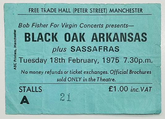 Black Oak Arkansas Sassafras Original Used Concert Ticket Free Trade Hall Manchester 18th Feb 1975