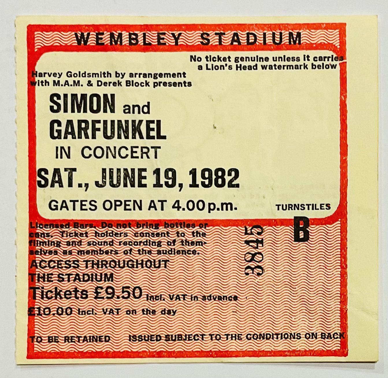 Simon & Garfunkel Original Concert Ticket Wembley Stadium London 19th Jun 1982