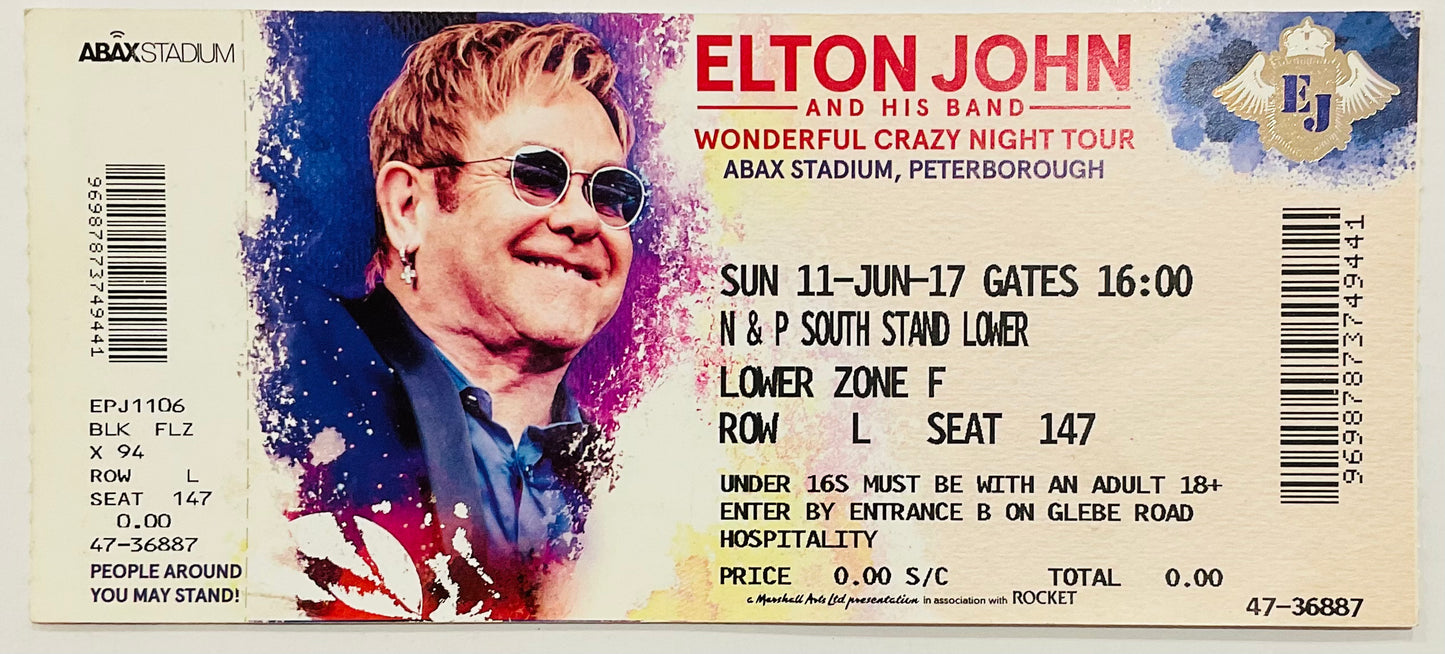 Elton John Original Complete Concert Ticket ABAX Stadium, Peterborough 11th June 2017