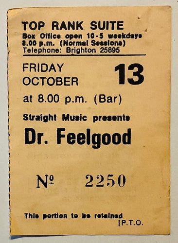 Dr Feelgood Original Used Concert Ticket Top Rank Suite Brighton 13th Oct 1978