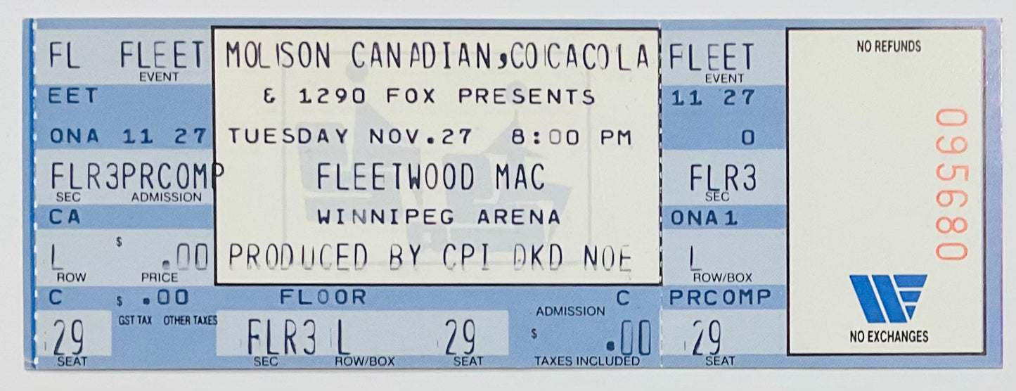 Fleetwood Mac Original Unused Concert Ticket Winnipeg Arena 27th Nov 1990