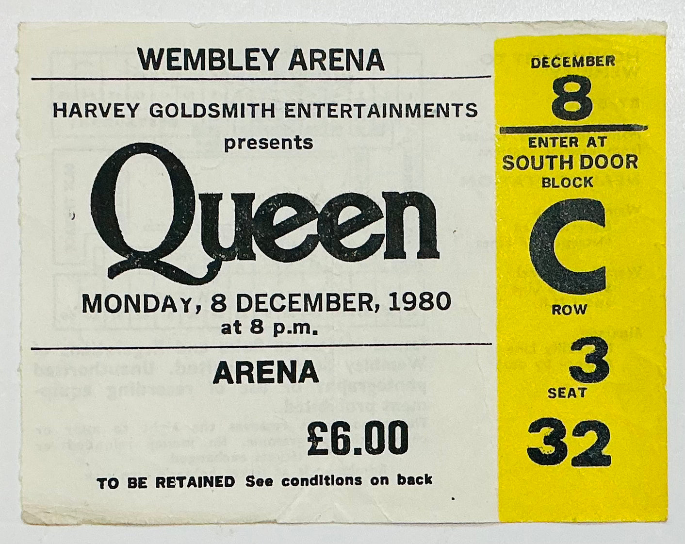Queen Original Used Concert Ticket Wembley Arena London 8th Dec 1980