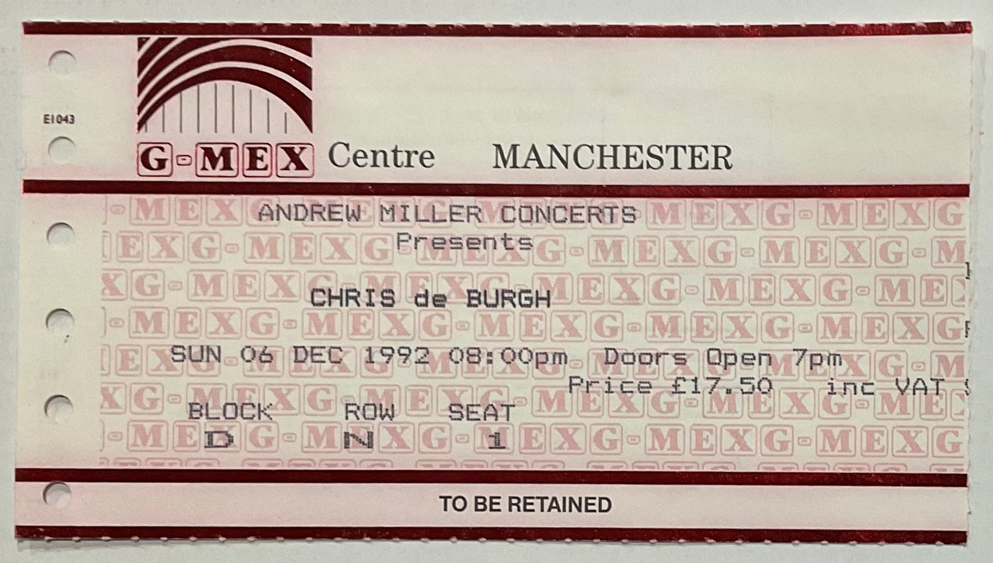 Chris De Burgh Original Used Concert Ticket G-Mex Centre Manchester 6th Dec 1992